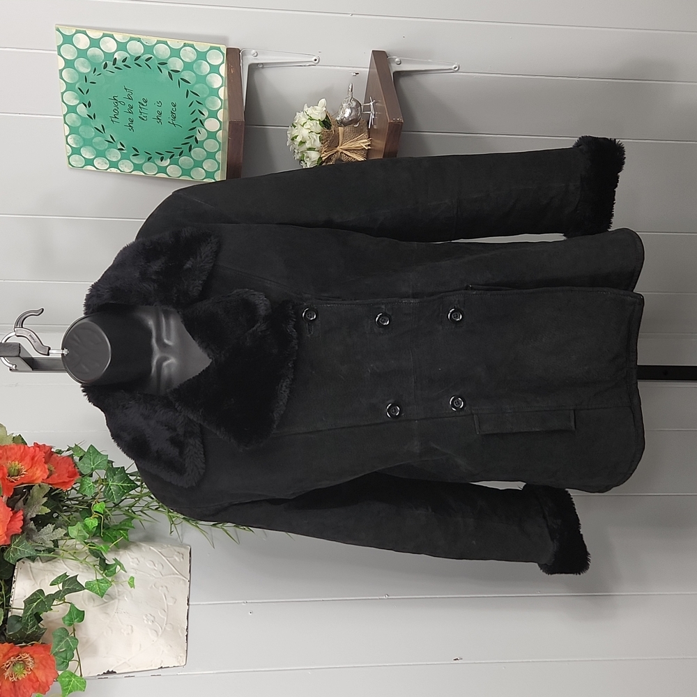 B.B. Dakota Prêt-à-Porter Black Leather Faux Fur Trim Coat - Picture 4 of 12